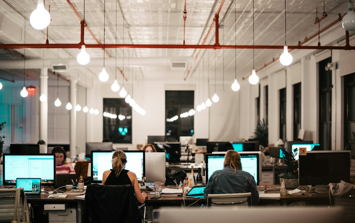 Office workstations set up with desktop computers